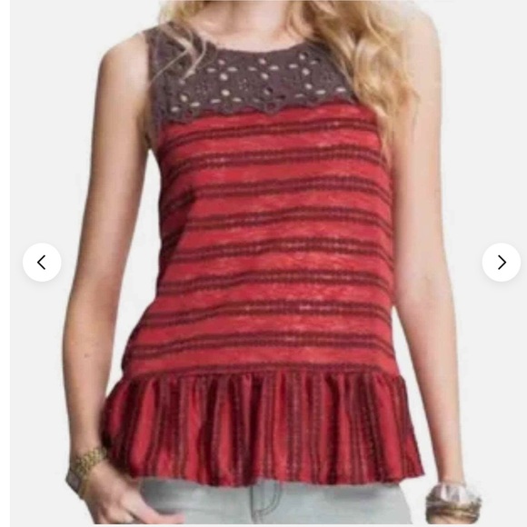 Free People Red Brown Striped Molly Retro Peplum Eyelet Top Sz S EUC - Picture 5 of 13